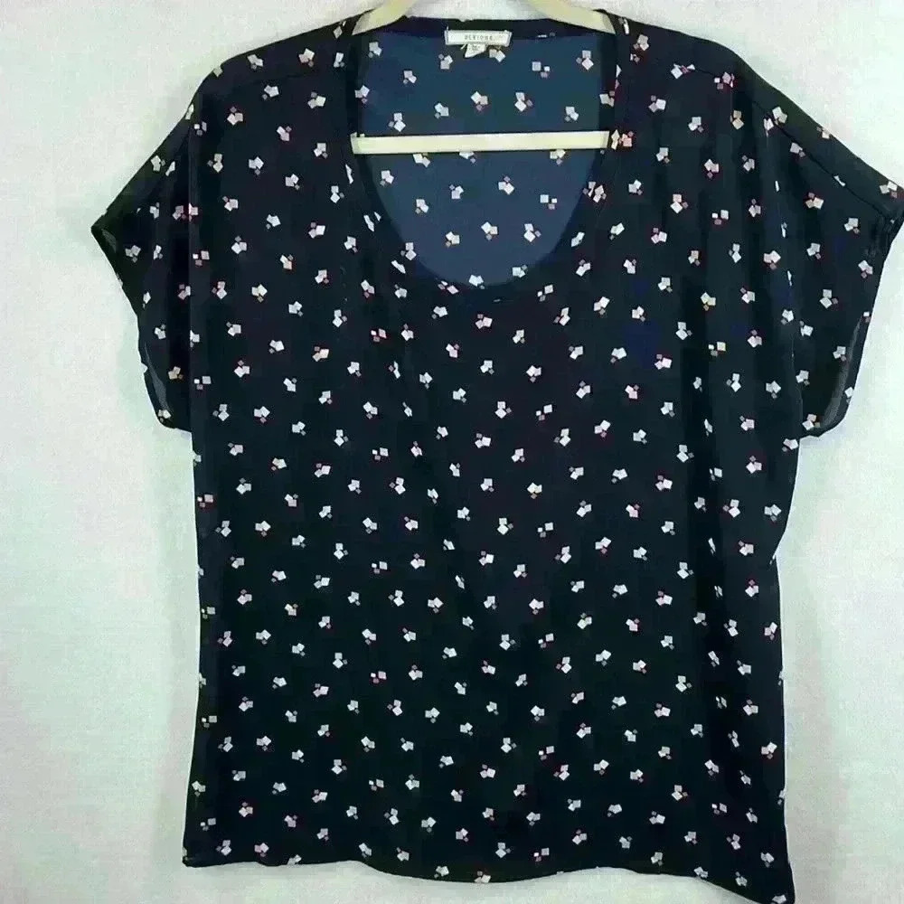 Pleione Women's Blouse Size L Navy w/White, Tan and Pink Geometric Print